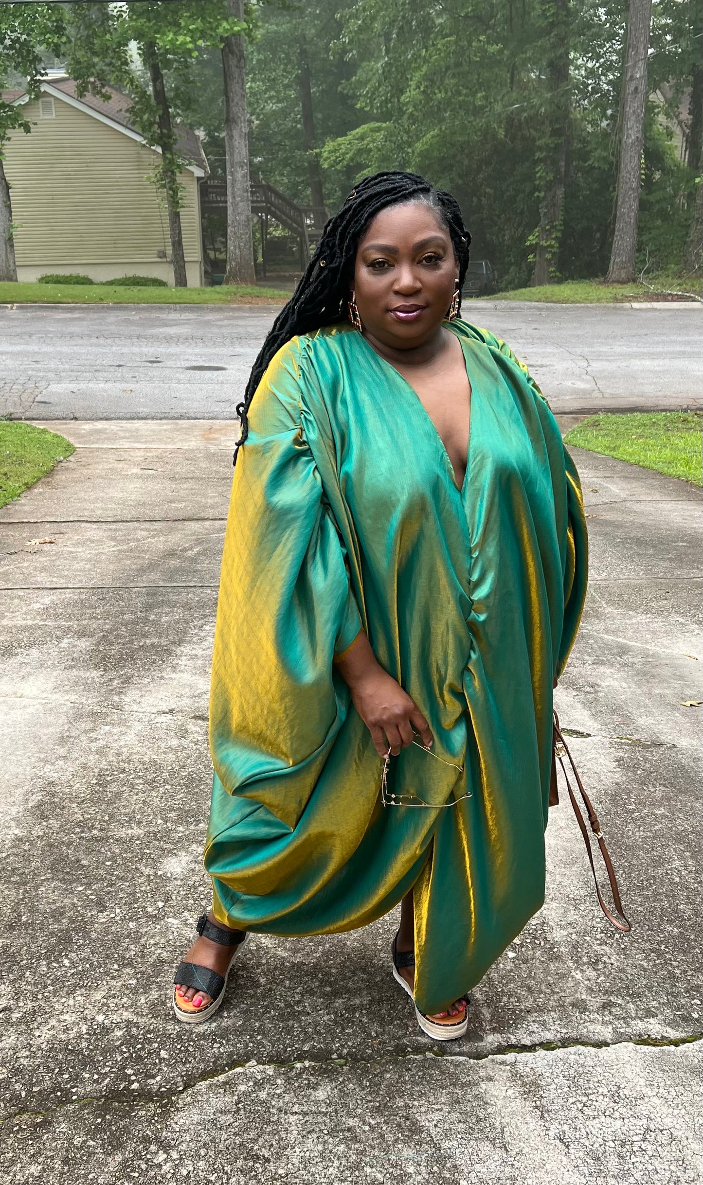 Green Shantung Kaftan - Size 2X/3X