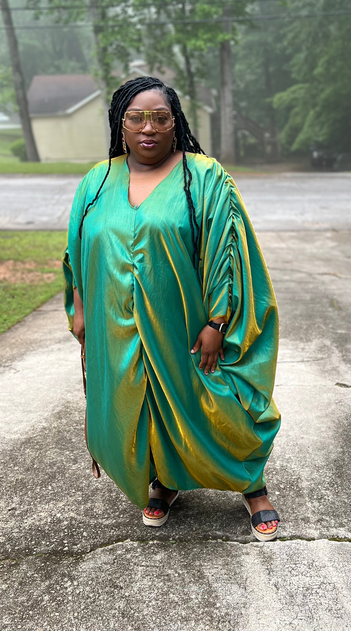 Green Shantung Kaftan - Size 2X/3X